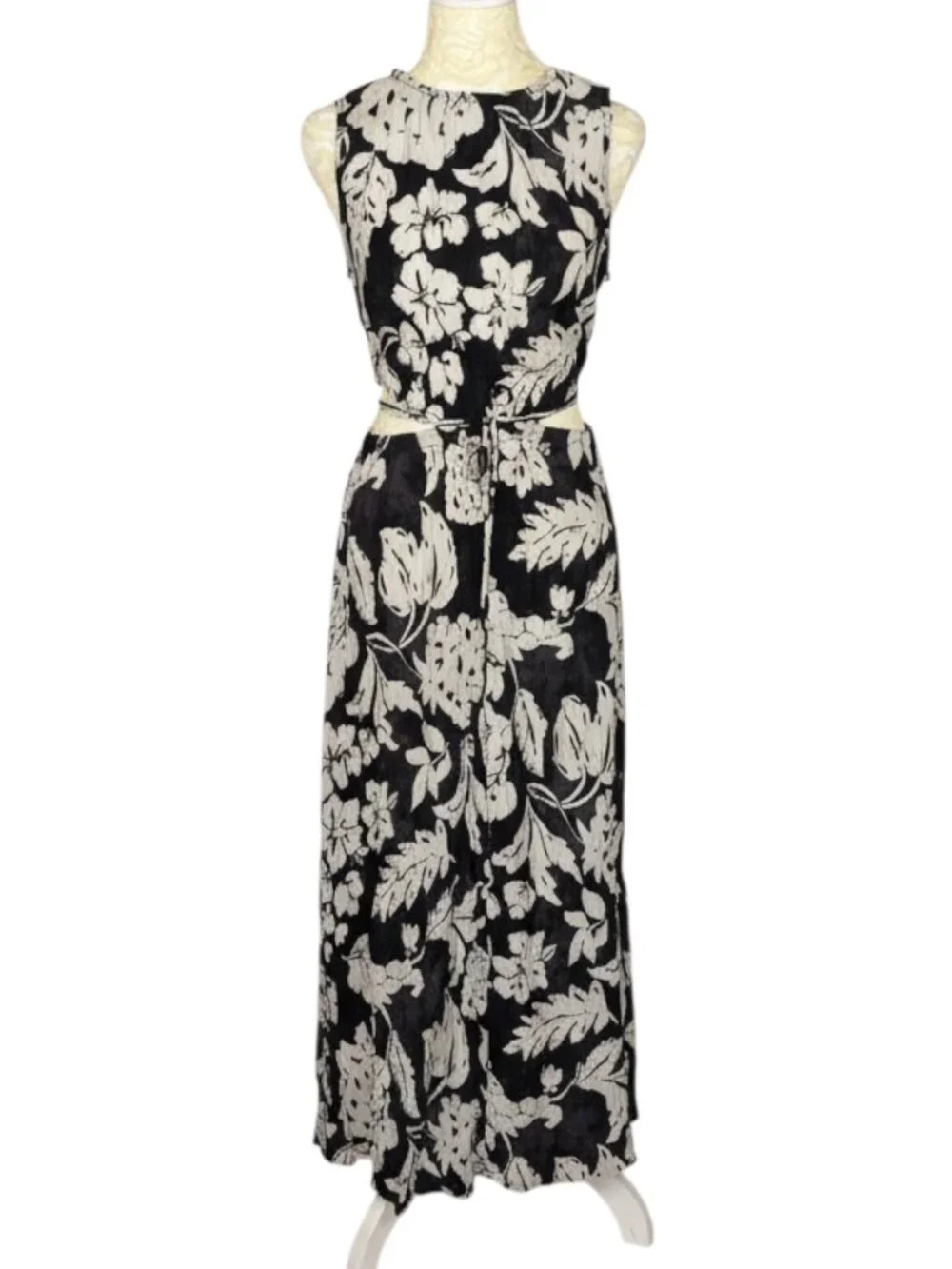 MNG Mango Willow Side Cut Out Maxi Dress Crinkle Floral Black Gray 4 - Picture 3 of 12